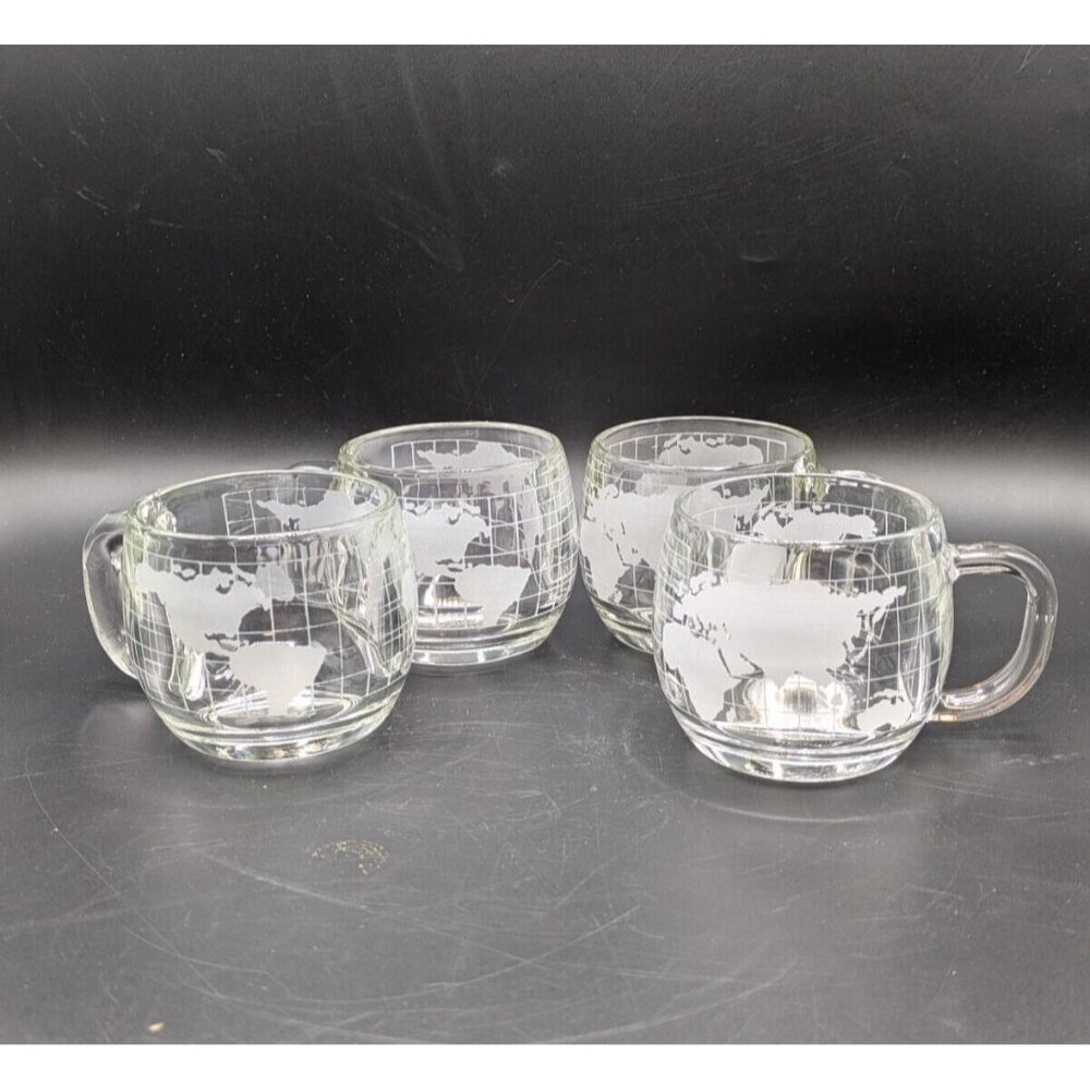 Vintage 70s Nestle Etched Glass World Globe Mugs Taste Your Way Set of 4 RETRO